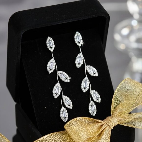 Leaf Drop Earrings Silver Plated S925 CZ Minimalist Statement Sparkling Dangles - Picture 8 of 12